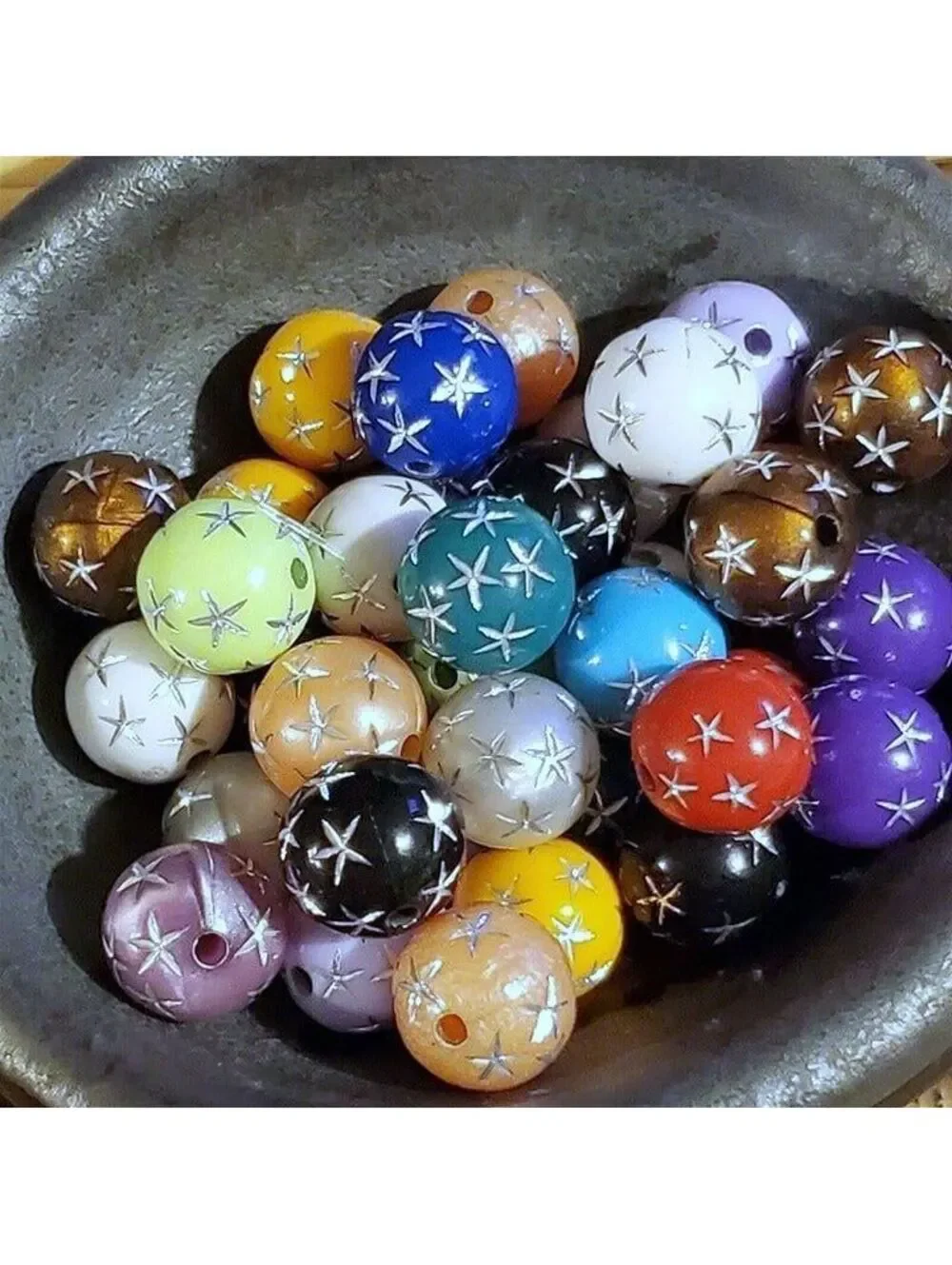 Vintage Retro Mixed Colors Silver Stars 12mm Round Acrylic Shabby Beads 10 pcs